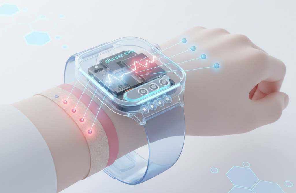 3D visualization of a futuristic smartwatch performing non-invasive glucose monitoring with optical sensors