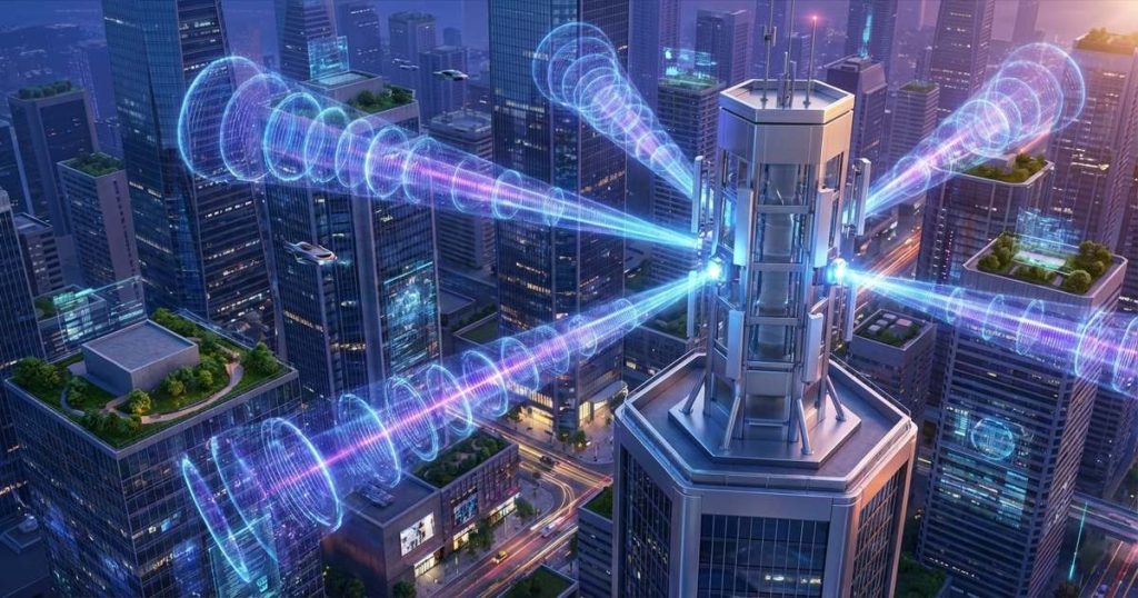 futuristic 6G base station transmitting sub-THz wireless signals across an urban environment