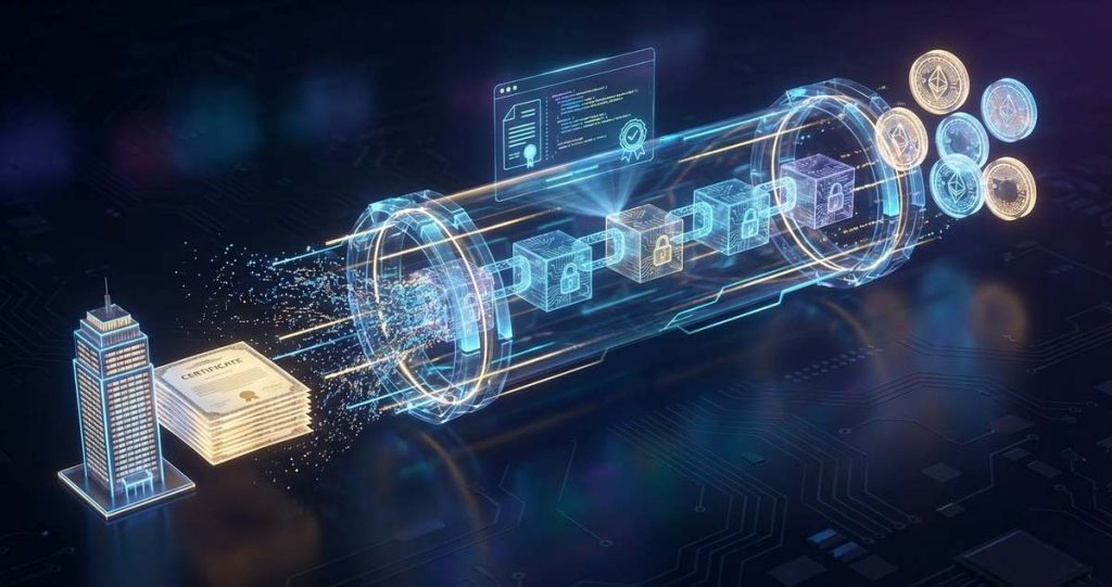 3D visualization of real-world assets being converted into blockchain tokens through a secure digital pipeline