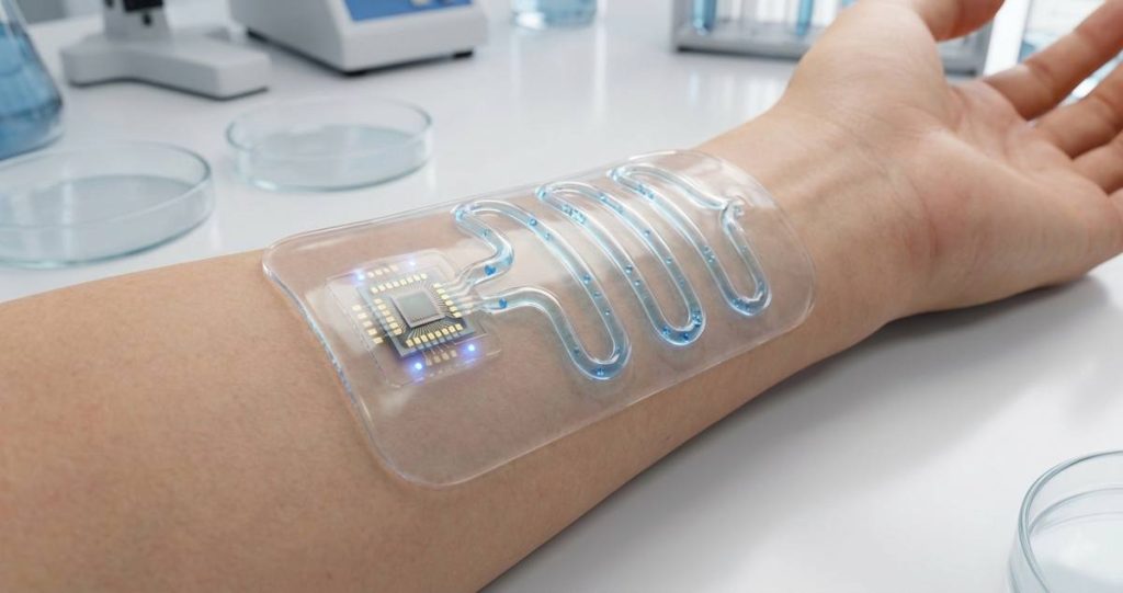 3D visualization of a wearable skin patch analyzing glucose levels from human sweat using biosensors
