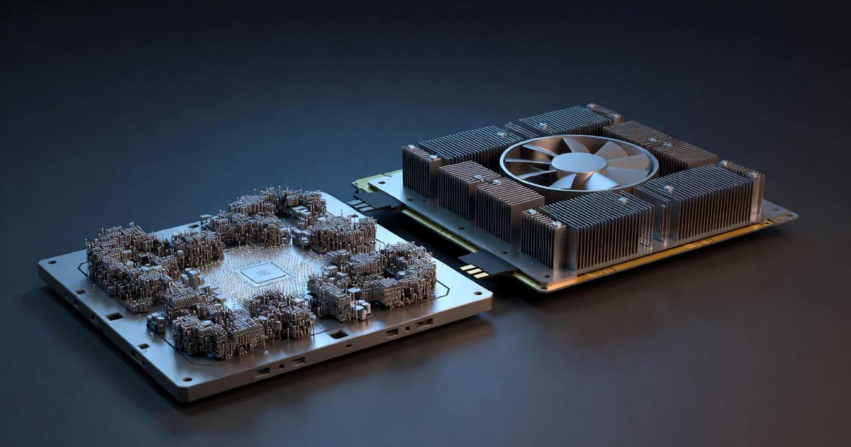 Neuromorphic processor chip compared with modern GPU showing energy efficiency differences