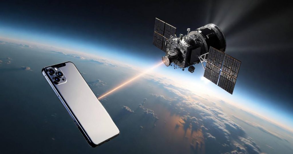 Smartphone sending message directly to satellite in low Earth orbit over remote landscape