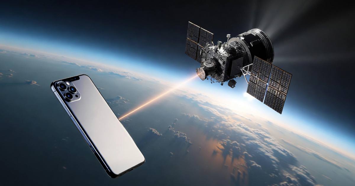 Smartphone sending message directly to satellite in low Earth orbit over remote landscape