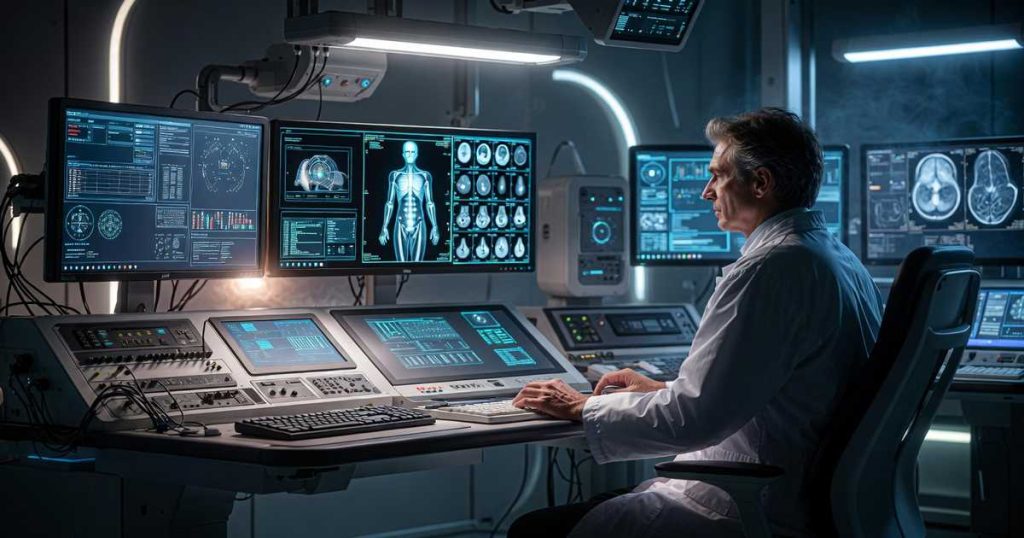 AI radiology system assisting human radiologist reviewing medical scans on workstation