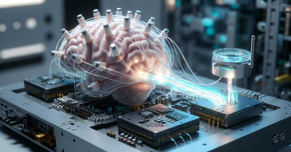 Illustration of brain-computer interface connecting neural signals to an external device with real-time signal flow