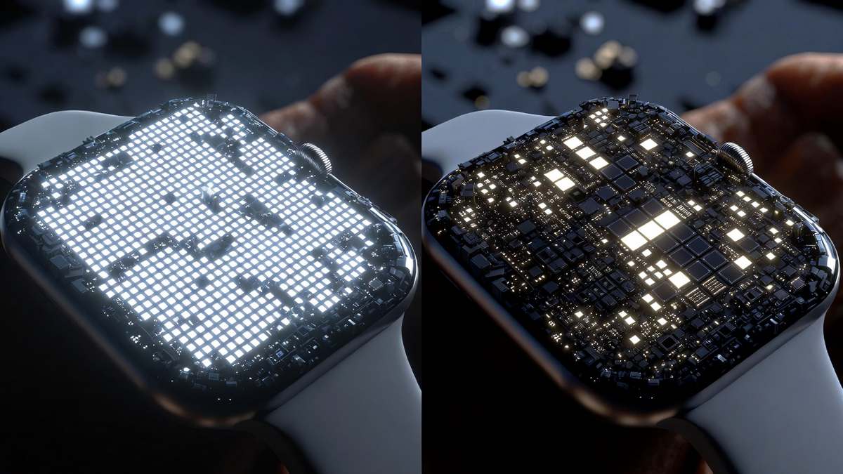 Side-by-side comparison of MicroLED and OLED smartwatch displays showing brightness and pixel structure