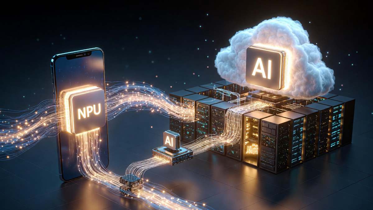 Smartphone neural processing unit performing on-device AI inference compared with cloud data center processing