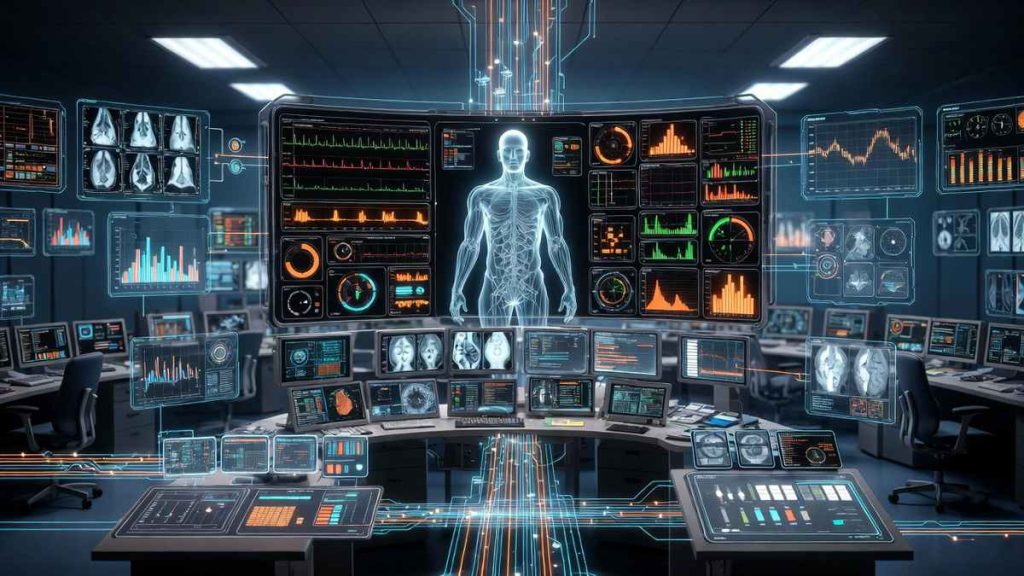 Hospital digital twin patient system showing real-time data streams feeding a virtual patient model