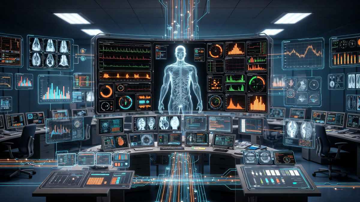 Hospital digital twin patient system showing real-time data streams feeding a virtual patient model