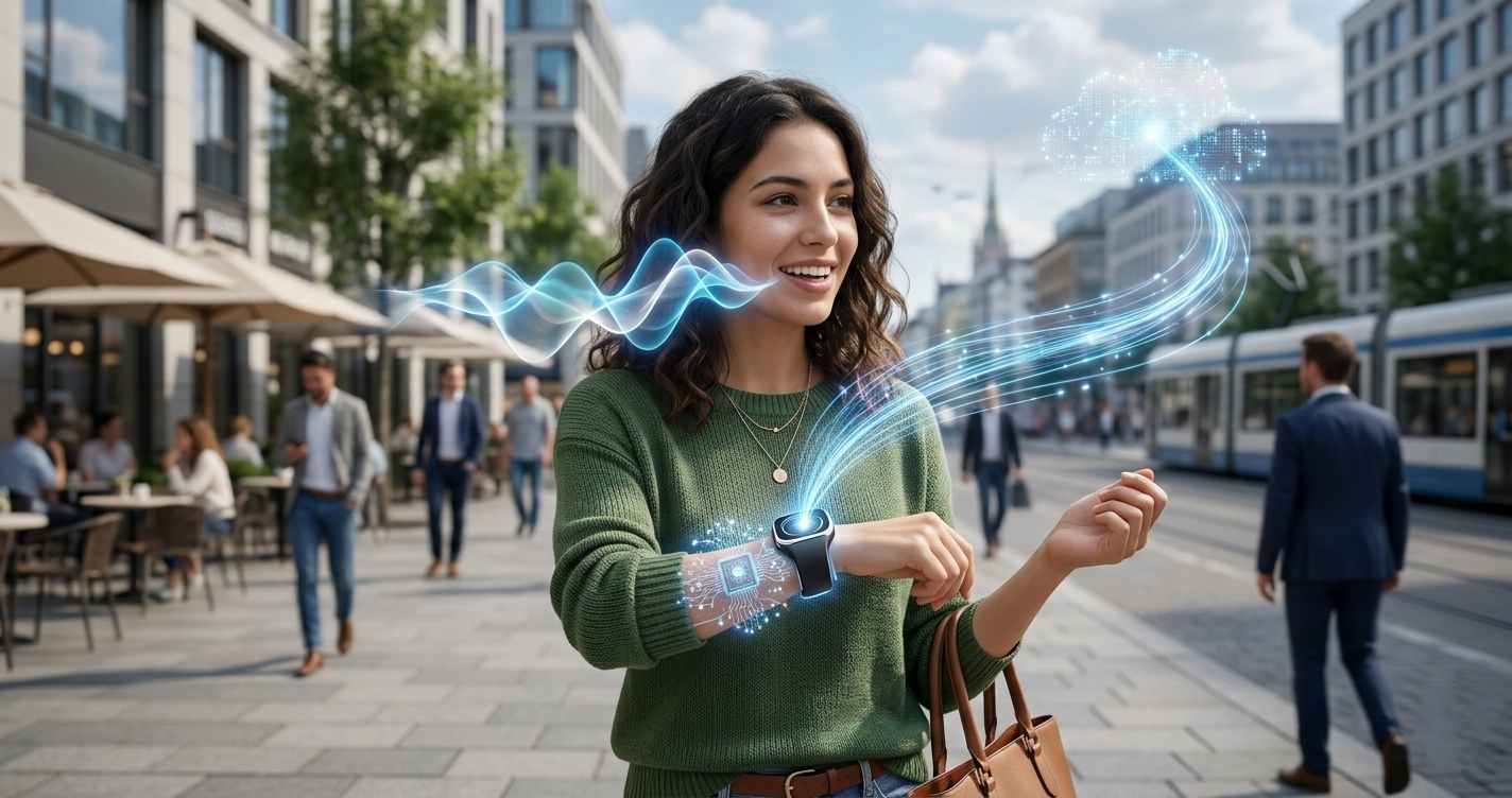 Wearable screenless AI assistant device being used hands-free in everyday environment
