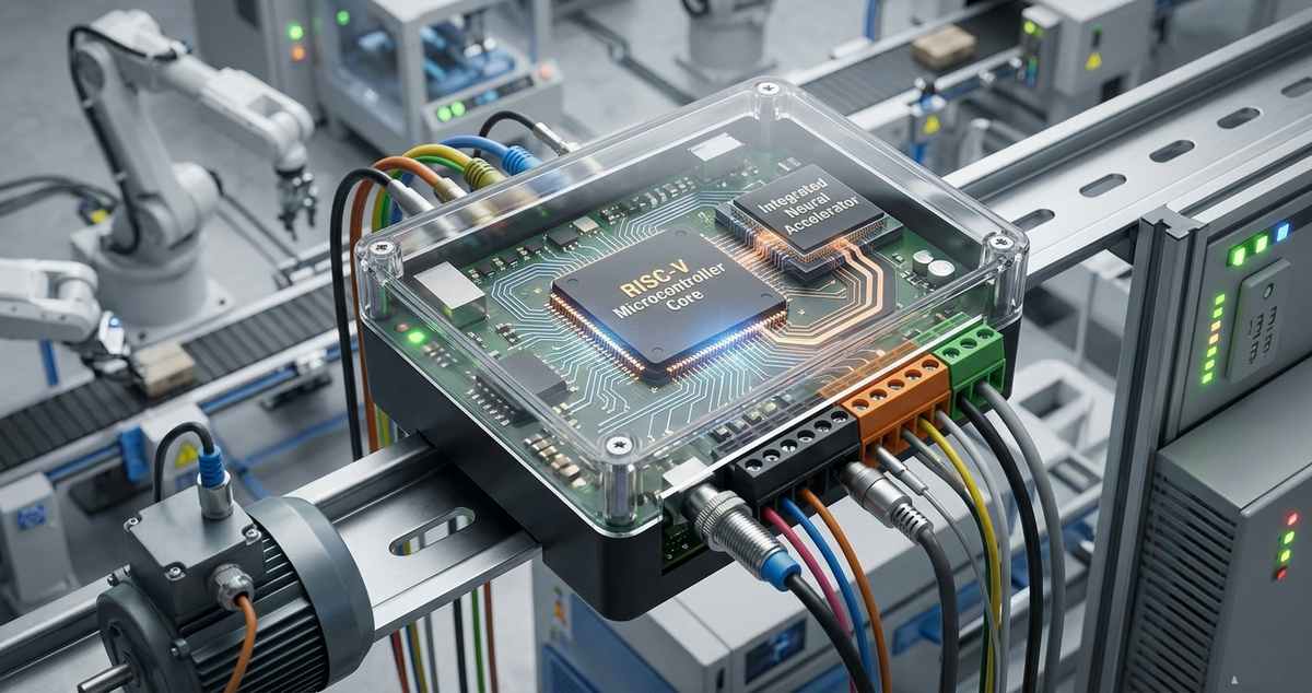 RISC-V AI edge device showing microcontroller core and integrated neural accelerator in an industrial IoT environment