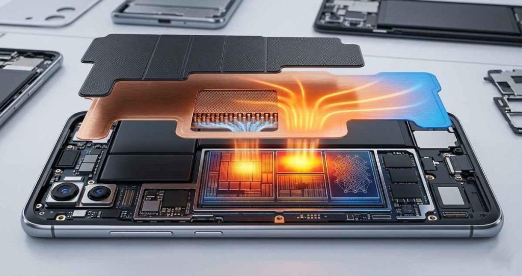 Flagship smartphone with vapor chamber cooling layer showing heat distribution across SoC and GPU