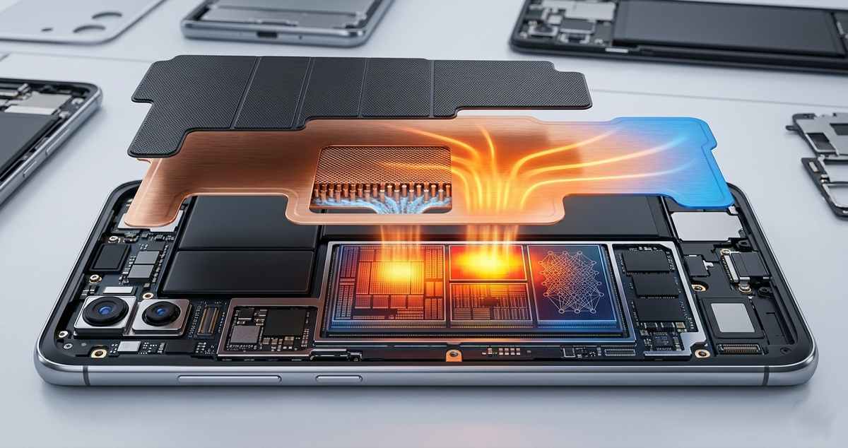 Flagship smartphone with vapor chamber cooling layer showing heat distribution across SoC and GPU