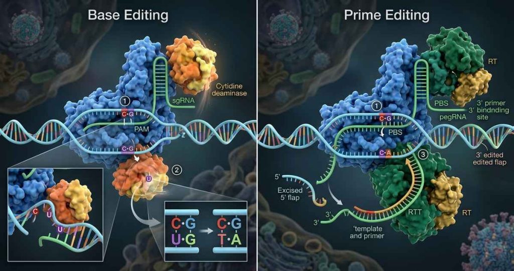 Comparison of CRISPR base editing and prime editing mechanisms for therapeutic genome correction