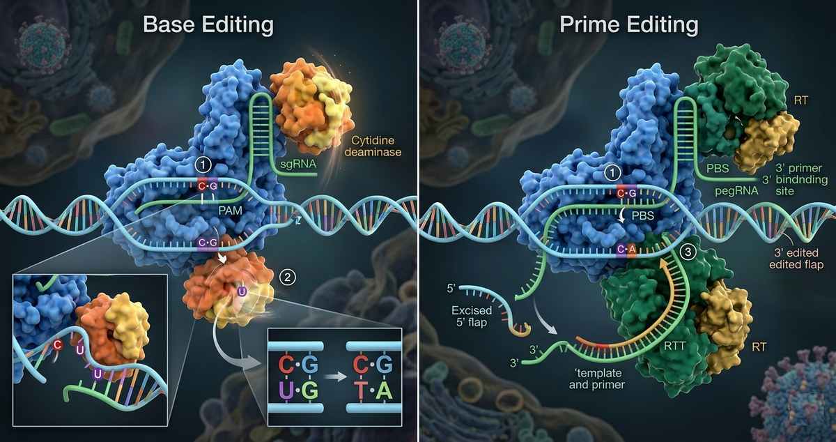Comparison of CRISPR base editing and prime editing mechanisms for therapeutic genome correction