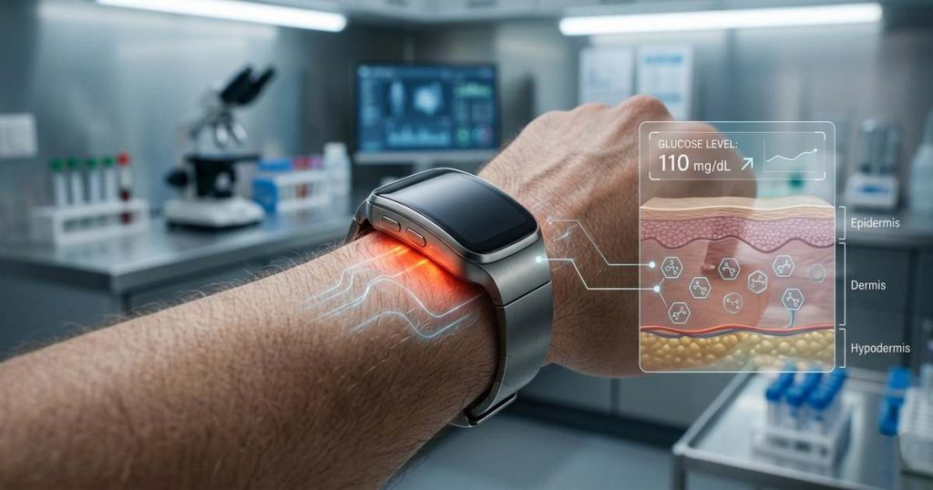 Prototype smartwatch using optical and bioimpedance sensors to measure blood glucose non-invasively on the wrist.