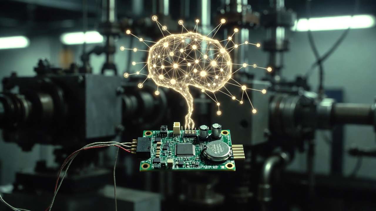Ultra-low-power environmental sensor node running TinyML inference on a coin-cell battery in an industrial IoT setting.
