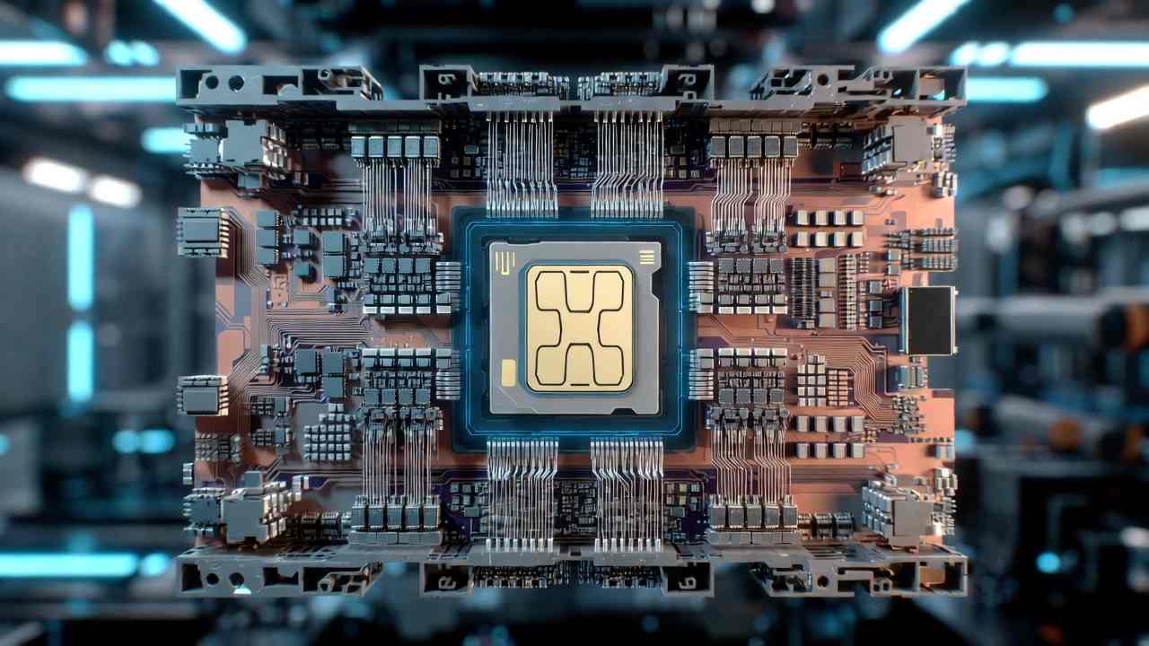 System-on-chip with integrated SIM module highlighted, showing secure enclave and cellular connectivity inside a smartphone processor.