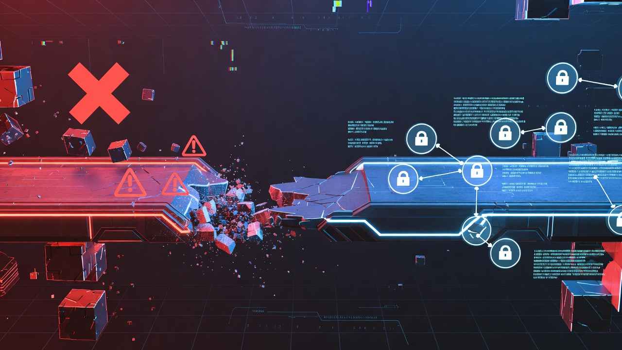 Visualization of digital bridge connecting two blockchains with hacker breach on one side and secure messaging nodes on the other.