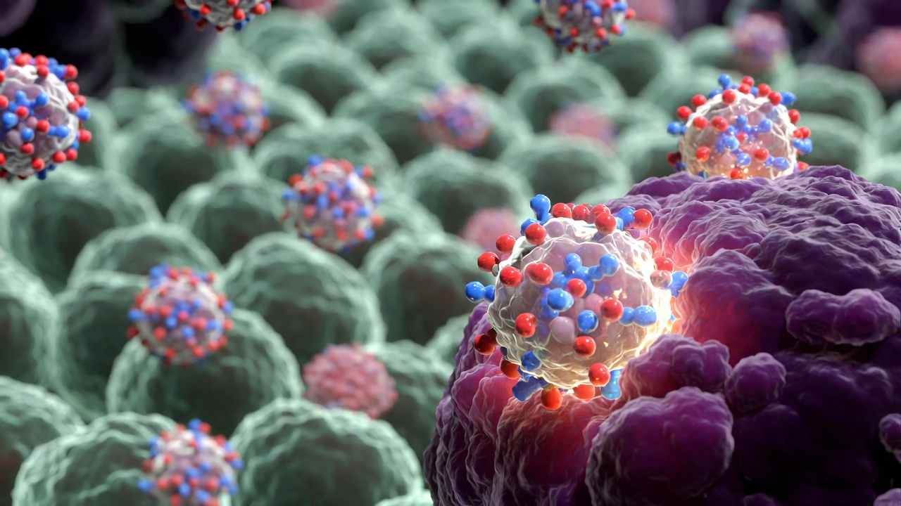 Medical illustration of nanoparticles delivering chemotherapy drugs directly to a tumor while sparing healthy tissue.