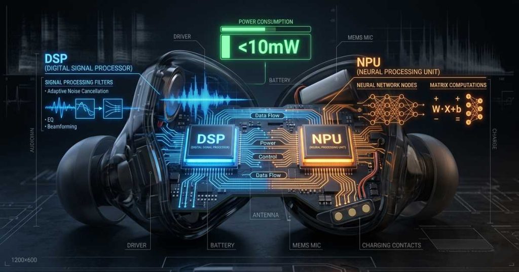 Technical cutaway illustration of wireless earbud showing DSP and NPU chip architecture with blue and orange glowing circuits and under 10mW power indicator