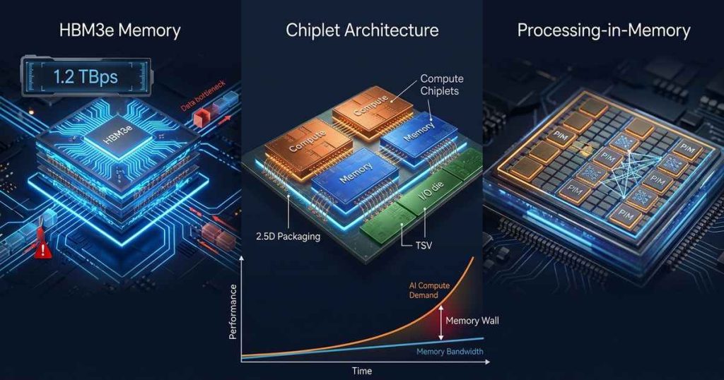 Technical diagram illustrating AI memory wall concept with HBM3e bandwidth limits, chiplet interconnect architecture, and processing-in-memory circuit visualization