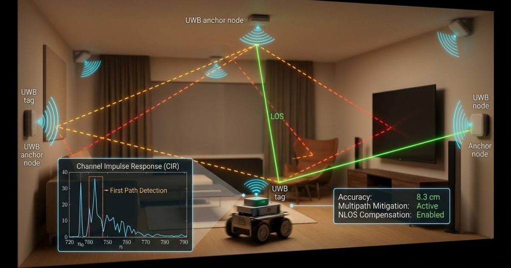 Technical illustration showing UWB indoor positioning system with multipath reflections, anchor nodes, and centimeter-level tracking accuracy visualization