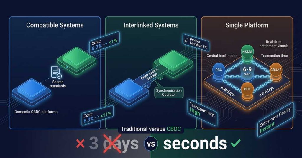 Diagram illustrating three CBDC interoperability models for cross-border payments: compatible standards approach, interlinked systems, and single multi-currency platform with central bank nodes