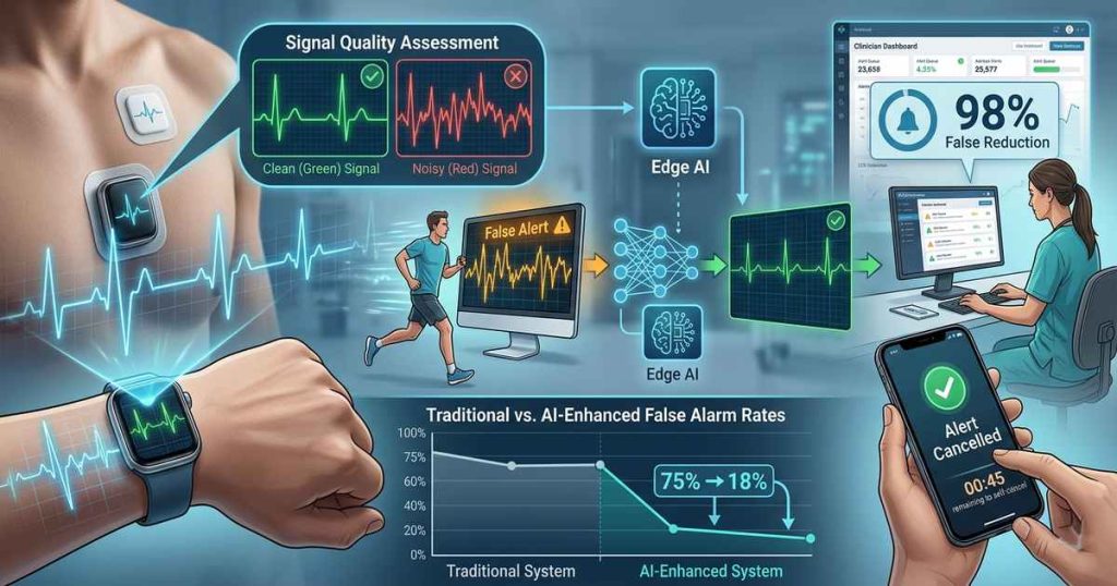 Illustration of remote cardiac monitoring wearable with ECG waveform showing false alarm detection, signal quality assessment, and clinician dashboard with alert management interface