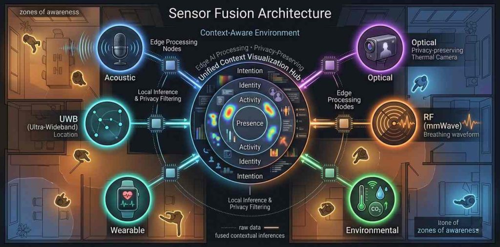 Architectural diagram of ambient computing environment showing distributed sensors, edge processing nodes, and centralized fusion hub with contextual intelligence layers