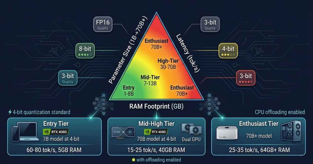 Performance comparison chart showing trade-offs between model parameter size, inference latency, and RAM footprint for running LLMs on consumer hardware with quantization levels