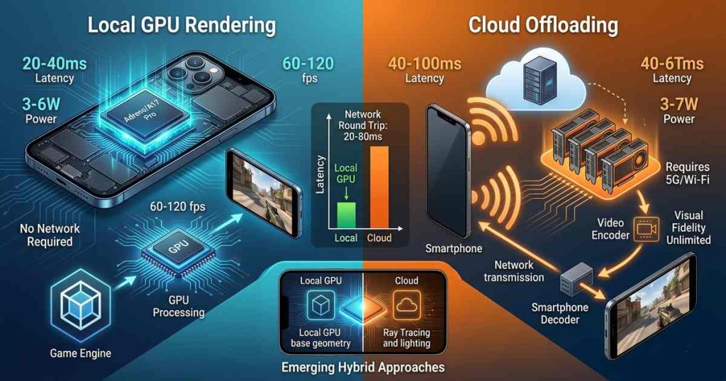 Split comparison illustration showing cloud offloading architecture with server GPU transmitting to mobile device vs local GPU rendering with latency and power consumption metrics