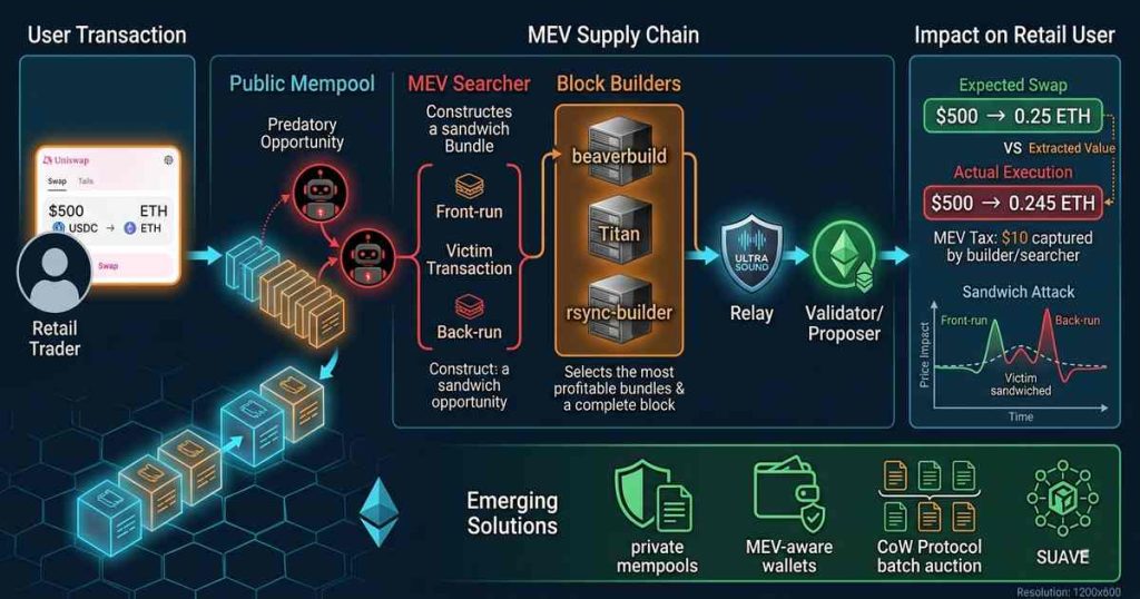Diagram showing MEV extraction pipeline: mempool transactions captured by searchers, processed by block builders, validated by proposers, with sandwich attack visualization and retail user impact
