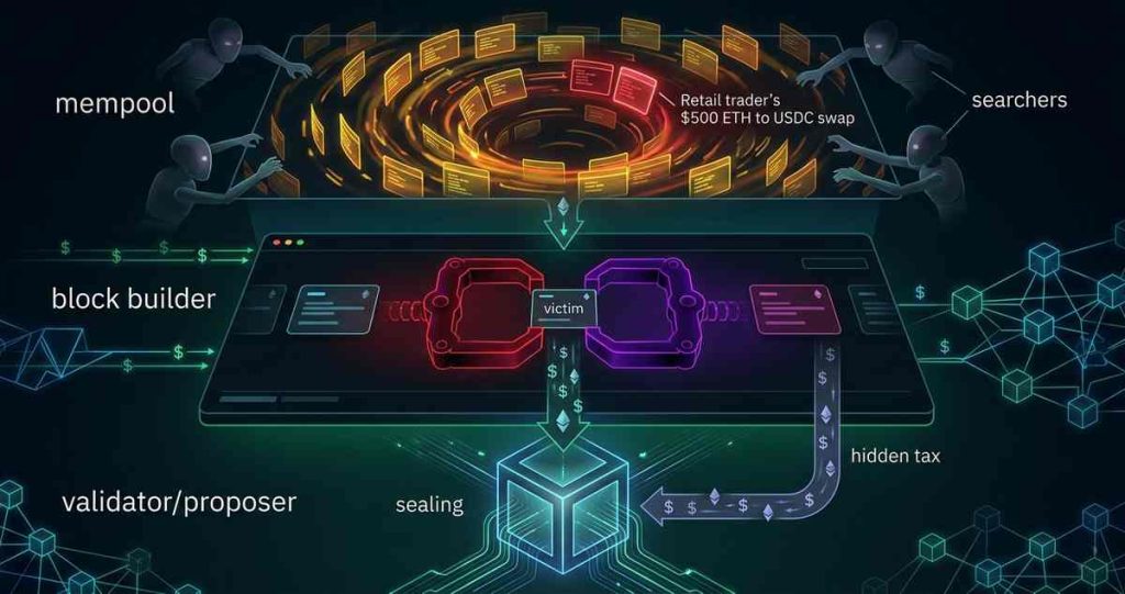MEV redistribution diagram showing UniswapX filler model, Cow Protocol batch auctions, and MEV-Share revenue sharing mechanism