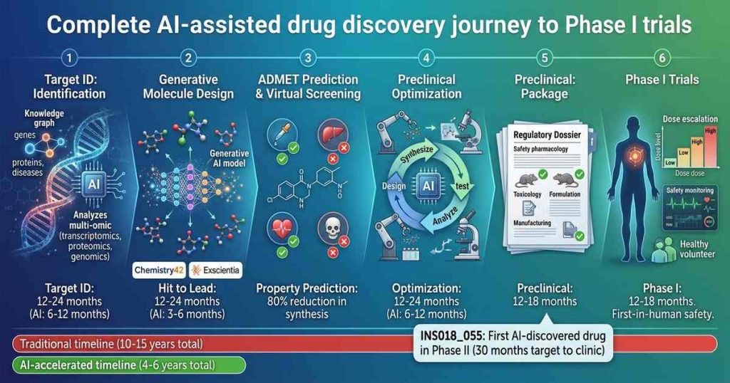 AI drug discovery pipeline visualization showing stages from target identification through generative molecule design, preclinical testing, and accelerated Phase I trials