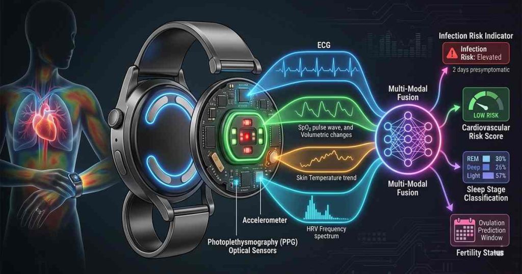 Multi-modal wearable device with sensors for ECG, SpO₂, skin temperature, and HRV, connected to predictive analytics dashboard showing health trends and risk alerts