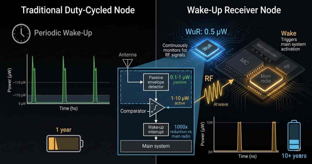 Technical diagram showing always-on sensor node with wake-up receiver in ultra-low-power listening mode activating main system upon event detection