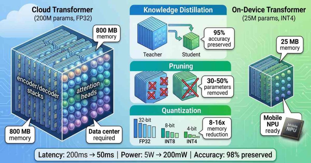 Technical diagram showing transformer model compression pipeline from cloud-sized model to quantized, pruned version running on mobile NPU for real-time translation