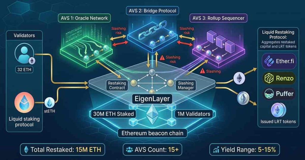 Diagram showing Ethereum validators restaking through EigenLayer to secure multiple AVS (actively validated services) with pooled security and yield flows
