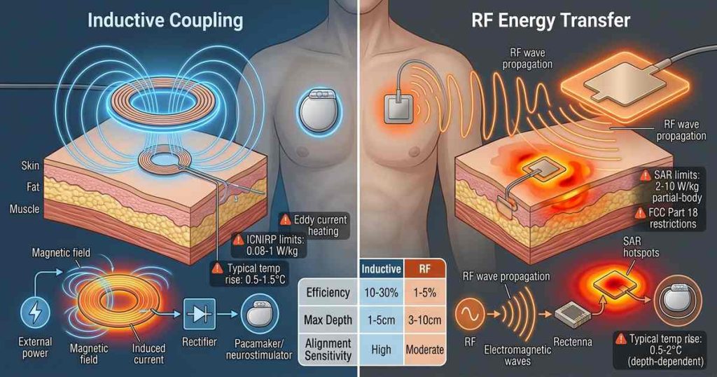 Comparison diagram showing inductive (magnetic field) vs RF (electromagnetic) energy transfer to medical implant with safety limit indicators and tissue absorption visualization