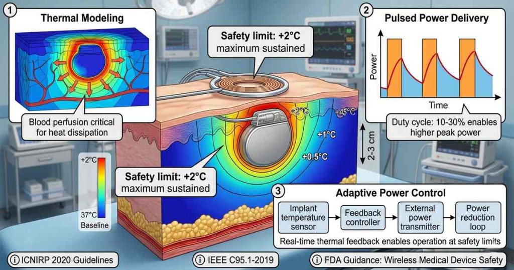 Graph showing SAR distribution and tissue penetration depth for different RF frequencies with safety limit threshold markers