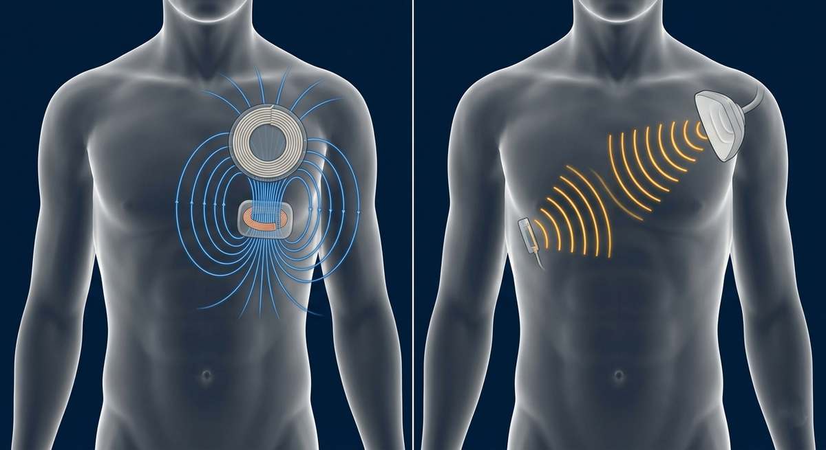 Comparison diagram inductive vs RF wireless power transfer to medical implant with safety limit indicators