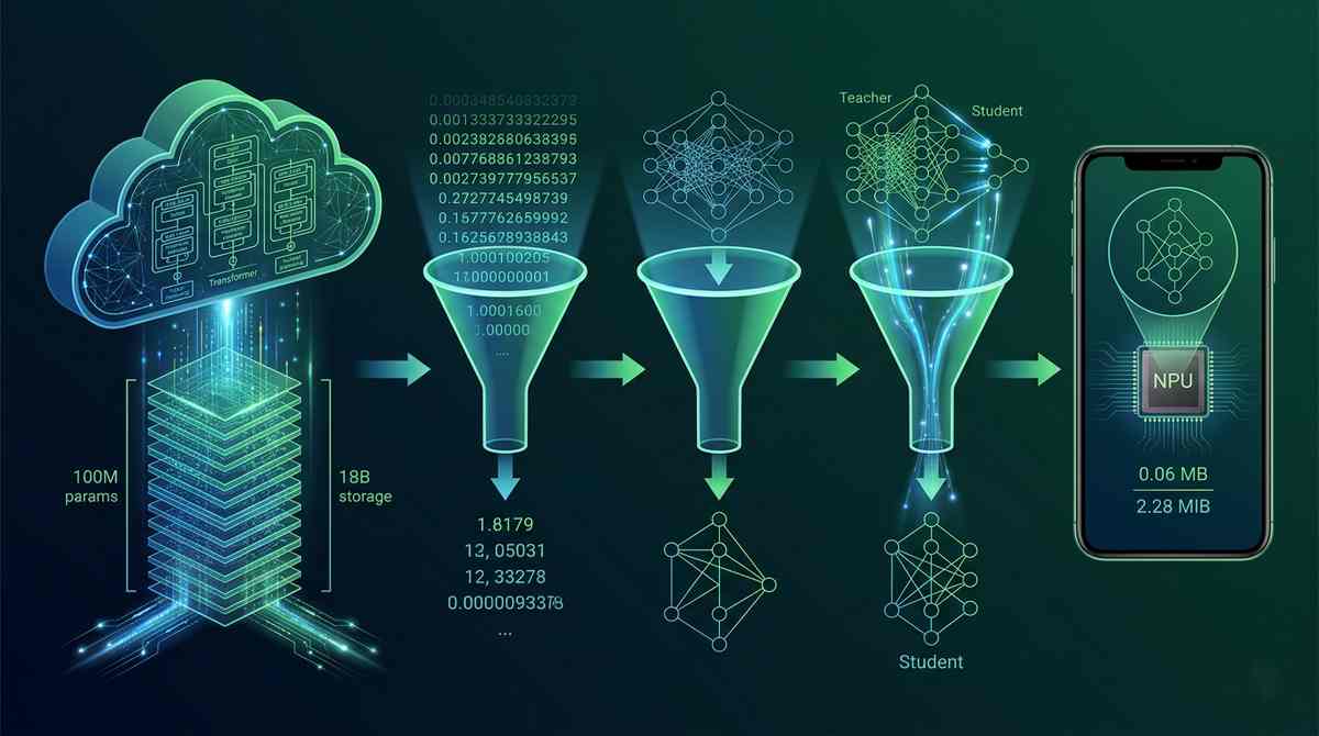 Technical diagram showing transformer model compression pipeline from cloud-sized model to quantized pruned version running on mobile NPU