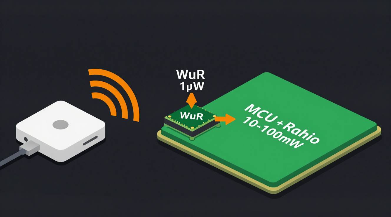 Technical diagram showing always-on sensor node with wake-up receiver in ultra-low-power listening mode activating main system upon event detection