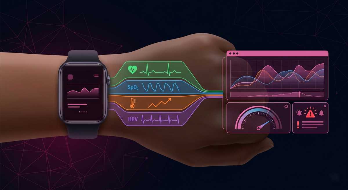 Multi-modal wearable device with sensors for ECG SpO2 skin temperature and HRV connected to predictive analytics dashboard showing health trends and risk alerts