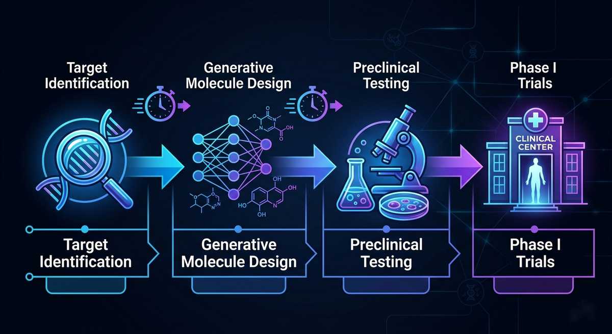 AI drug discovery pipeline visualization showing stages from target identification through generative molecule design preclinical testing and accelerated Phase I trials
