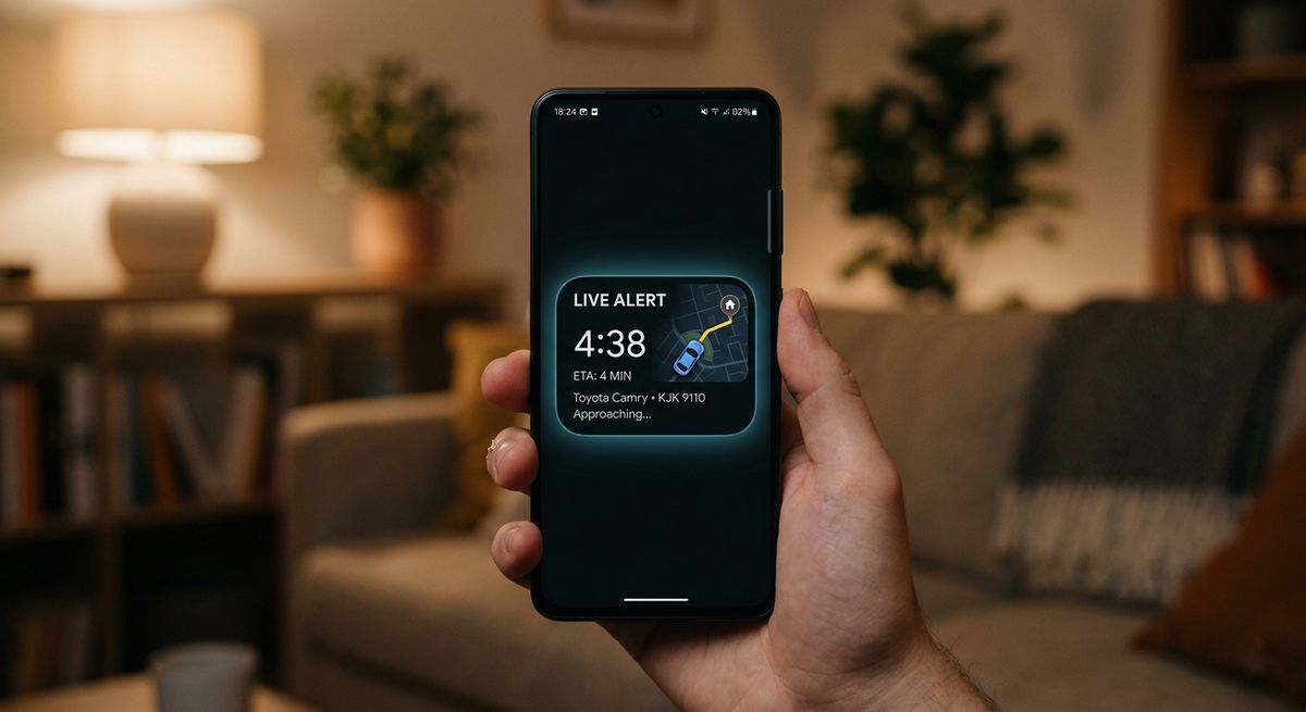 Android Live Alert pill showing timer and Uber map location on elegant home screen.