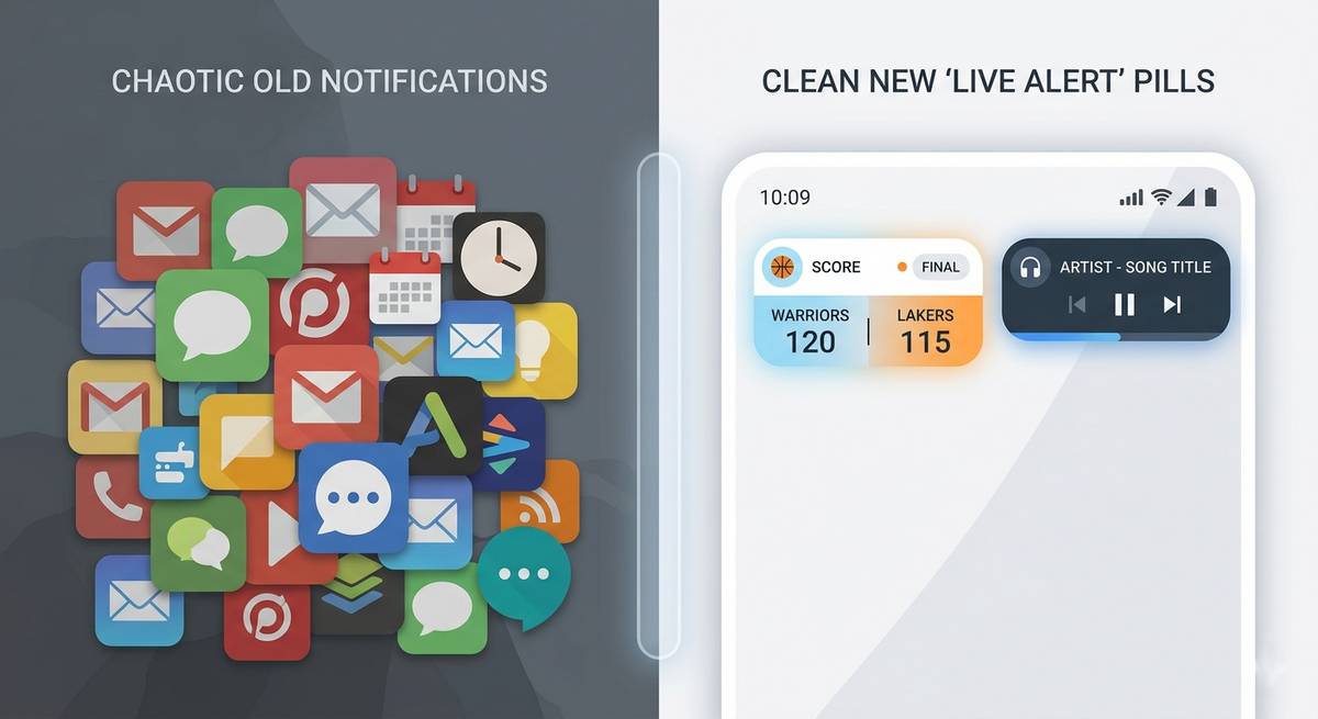 Comparison graphic: scattered old notifications versus new organized Android Live Alerts pills.