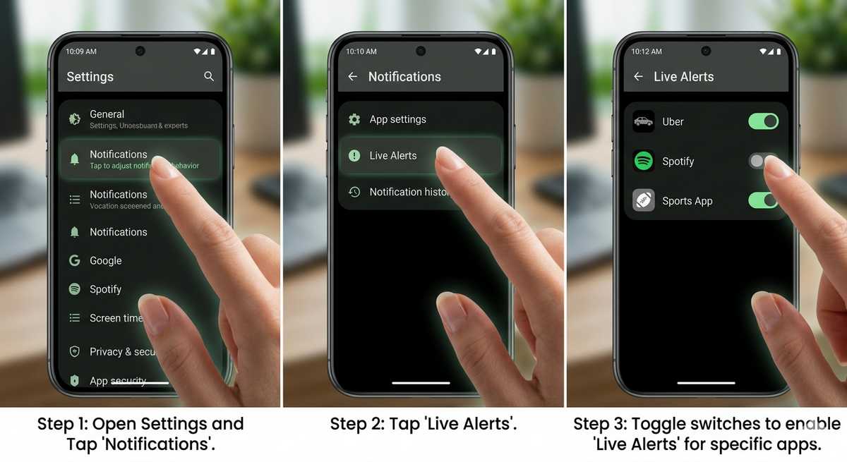 Tutorial screenshot enabling Android Live Alerts for Spotify and Uber in settings menu.
