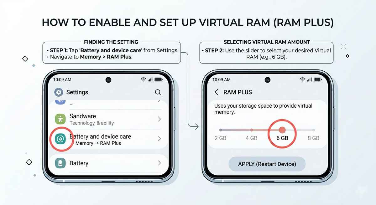 Infographic explaining how virtual RAM uses internal storage as extra memory for running apps.
